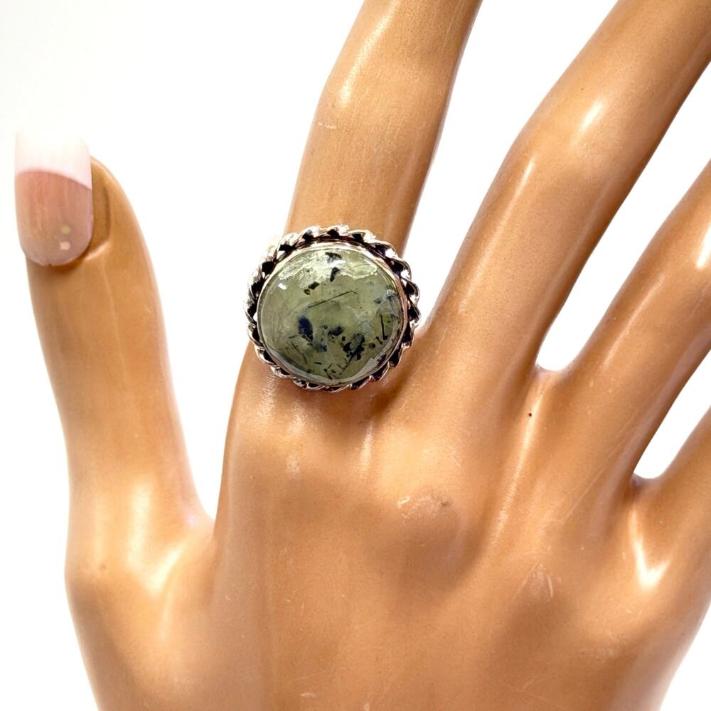 Hand Crafted Prehnite Ring Silver‎ Plated Adjustable 8.5–10.5 Gift Boxed